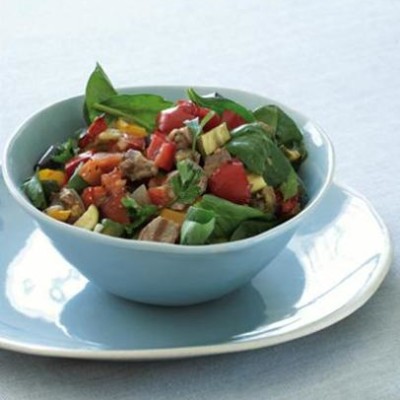 Roast ratatouille, lamb and spinach salad