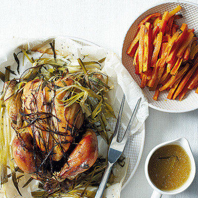 Roast smoked chicken with butternut and sweet potato bake