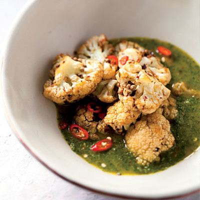 Roast spicy cauliflower with mint dressing