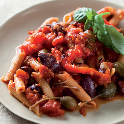 Roast vegetable puttanesca with wholegrain penne