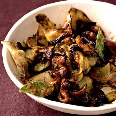 Roasted sweet-potato shavings with chicken and anchovies