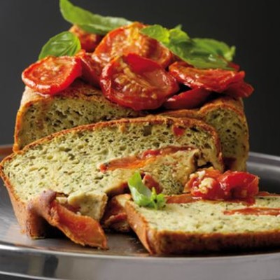 Roma tomato and basil pesto cake