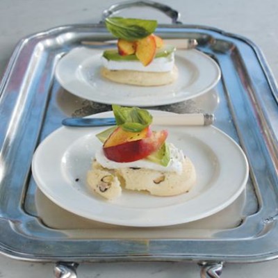 Rose-water-and-pistachio biscuits with buffalo mozzarella, nectarines and basil