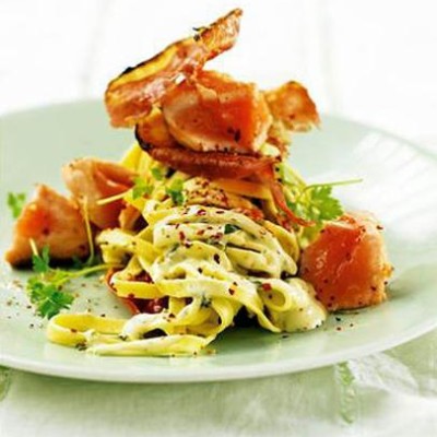 Salmon and prosciutto tossed in lemon-creamed tagliatelle