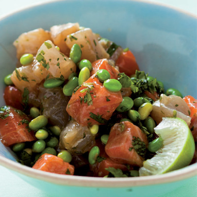 Salmon and tuna tartare with edamame beans