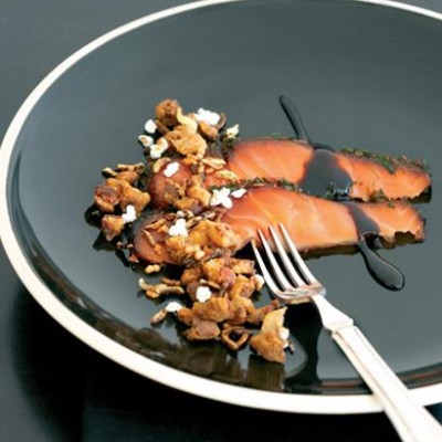 Salmon, lamb crackling and puffed wild rice