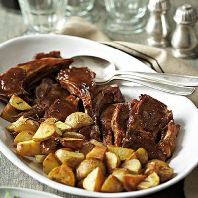 Saucy lamb-rib chops with crusty potato chunks