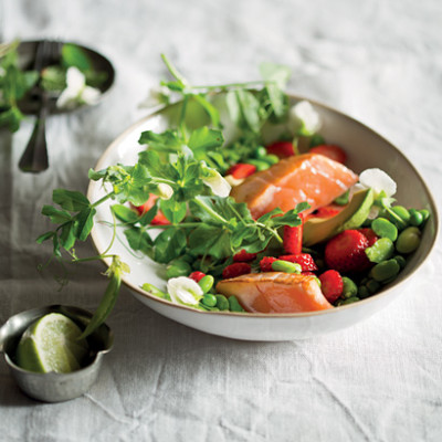 Seared salmon, strawberry and broad bean salad