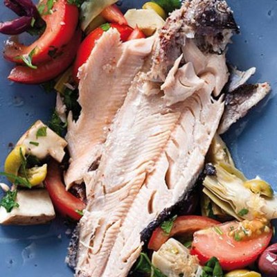 Shiraz salt-crushed trout with tomato-artichoke salad