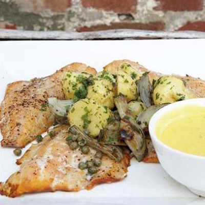 Smoked hake with fennel and potato salad served with saffron mayonnaise