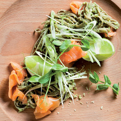 Smoked trout with watercress, tofu pesto and soba noodles