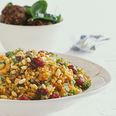 Spiced beef patties with bulgur pilau