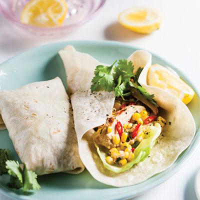 Spicy chicken-and-corn salad in wraps