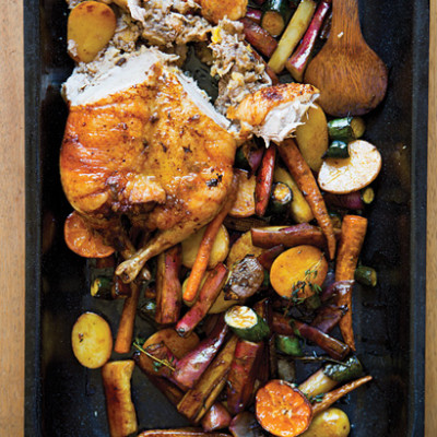 Spicy plum-and-apple free-range duck with roast baby vegetables