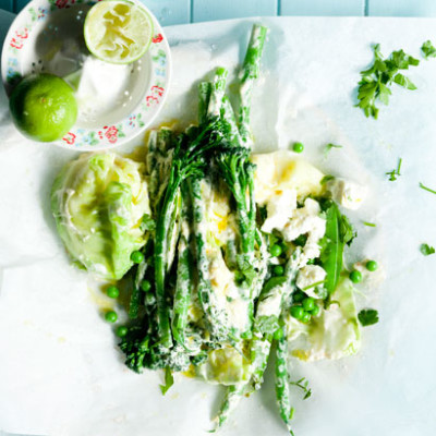 Steamed greens with creme fraiche and feta cheese