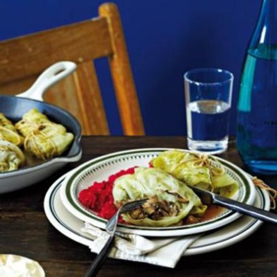 Steamed mushroom cabbage rolls with beetroot risotto