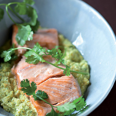 Steamed salmon with Thai corn puree