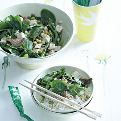 Steamed tofu, oyster mushrooms and greens