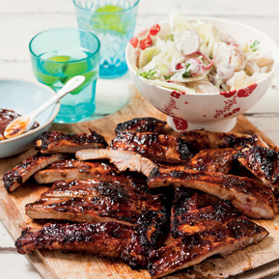 Sticky pork ribs with potato salad