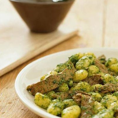 Stir-fried beef with winter pesto on gnocchi