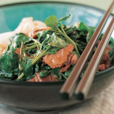 Stir-fried hoisin pork with wilted watercress and soya-orange dressing