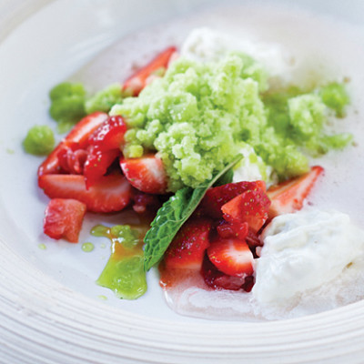 Stracciatella and strawberry salad with belle rose basil granita