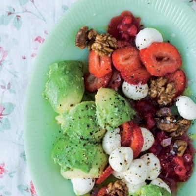 Strawberries, scooped avocado, bocconcini and walnuts drizzled with warm redcurrant vinaigrette