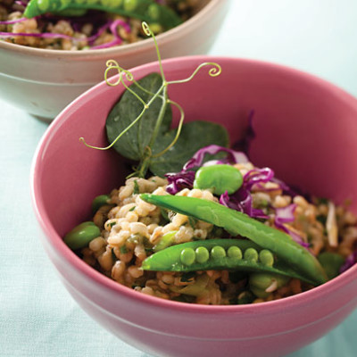 Sugar snap pearl barley risotto