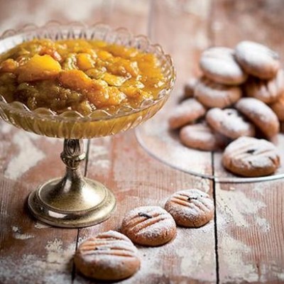 Sugared pear butter with shortbread orange drops