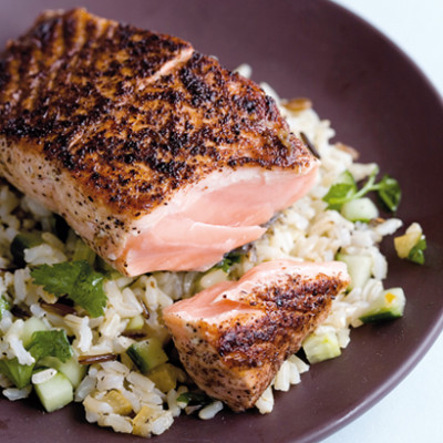 Sumach salmon on brown rice and preserved lemon salad