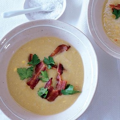 Sweet potato, corn and chilli chowder with crispy bacon