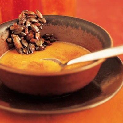 Sweet pumpkin custard with candied pumpkin seeds