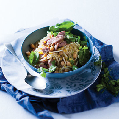 Sweetcorn and chickpea broth with smoked pork and noodles