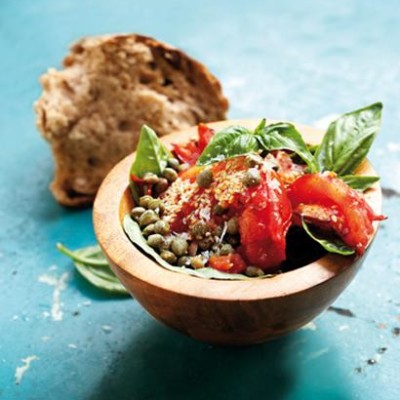 Tapas of sesame-roasted Mediterranean tomato and capers