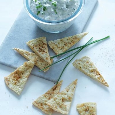 Taramasalata and tzatziki dip with spiced pita crisps