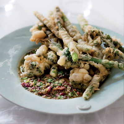 Tempura broccoli and asparagus with warm caper dressing