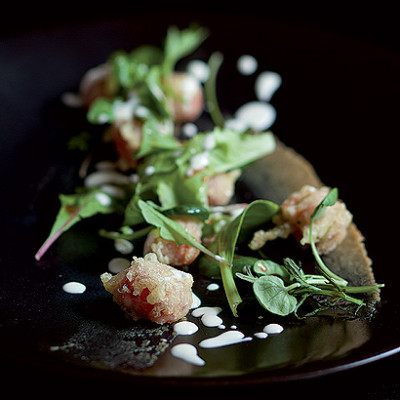 Tempura cherry tomatoes, miso onion puree and gorgonzola cream