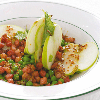 Tender pea, apple and crispy pancetta salad dressed in a creamed honey and wholegrain mustard vinaigrette