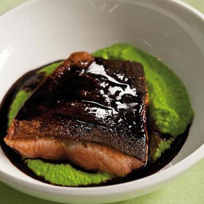 Teriyaki salmon with edamame puree