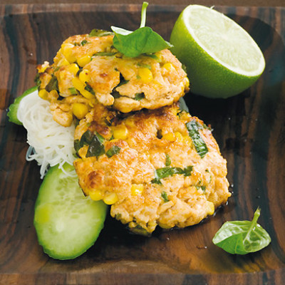 Thai roast chicken and basil fritters with rice noodle salad