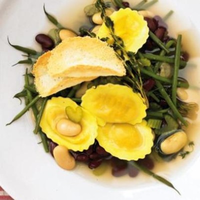 Three-bean broth with butternut-and-sage cappelletti and parmesan wafers