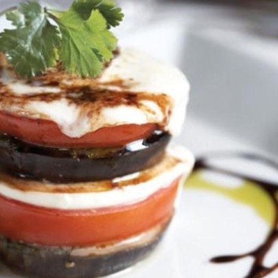 Tian of grilled brinjal, tomato and buffalo mozzarella