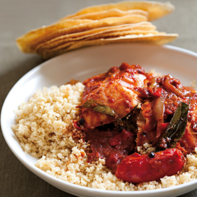 Tomato and salmon curry with rooibos-infused couscous