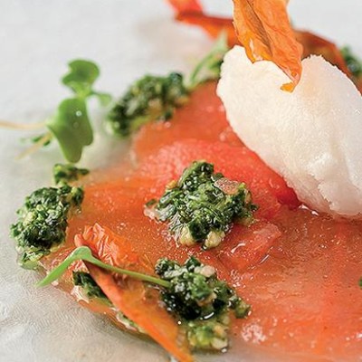 Tomato carpaccio with basil pesto and a star-anise sorbet