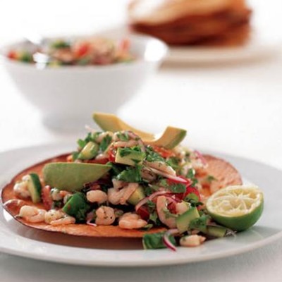 Tostados with prawn ceviche and avocado