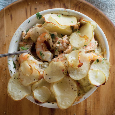 Trout-and-prawn pies with potato crust