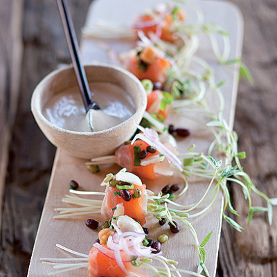 Trout sashimi, mung, aduki and black urad salad with tahini dressing