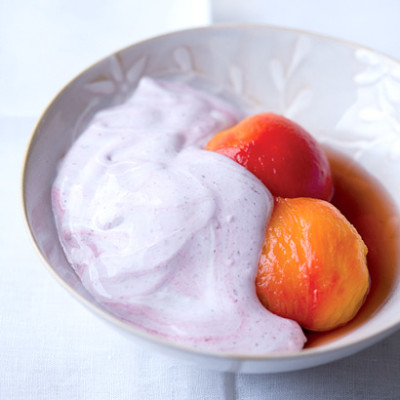 Verjuice-poached nectarines with raspberry spoom