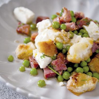 Warm pea and bacon salad