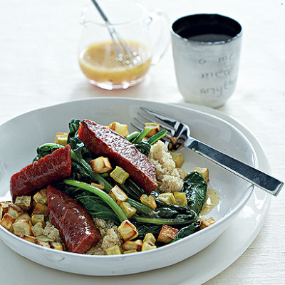 Warm salad of steamed spinach,sweet potato, quinoa and grilled chorizo